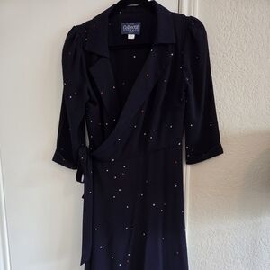 Collectif 40s Style Navy Wrap Long Sleeve Dress with Polka Dots
